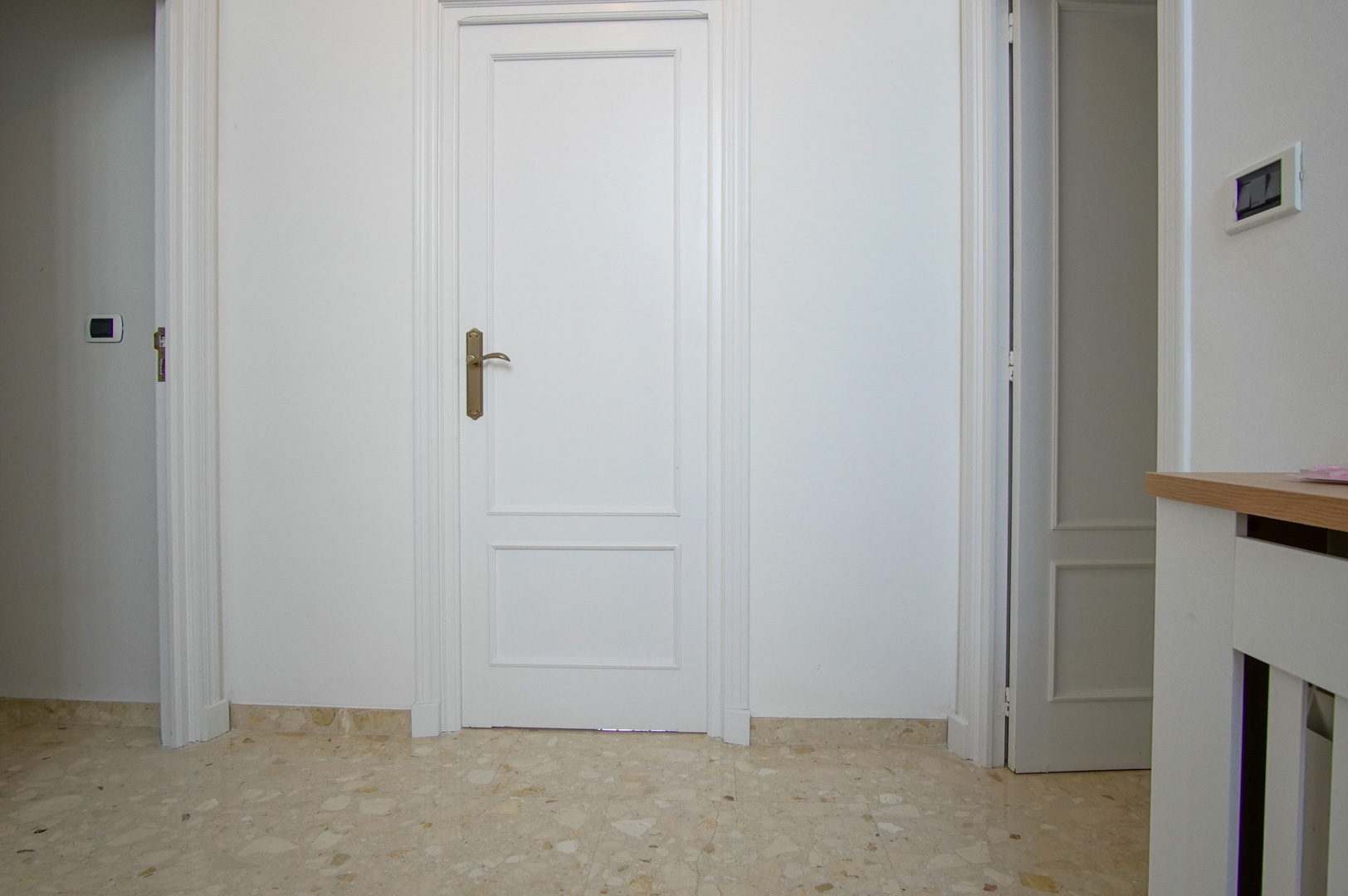 Distribuidor interior con puertas de madera lacadas en blanco y suelo de mármol pulido. El diseño clásico incluye molduras elegantes y herrajes en tono bronce.