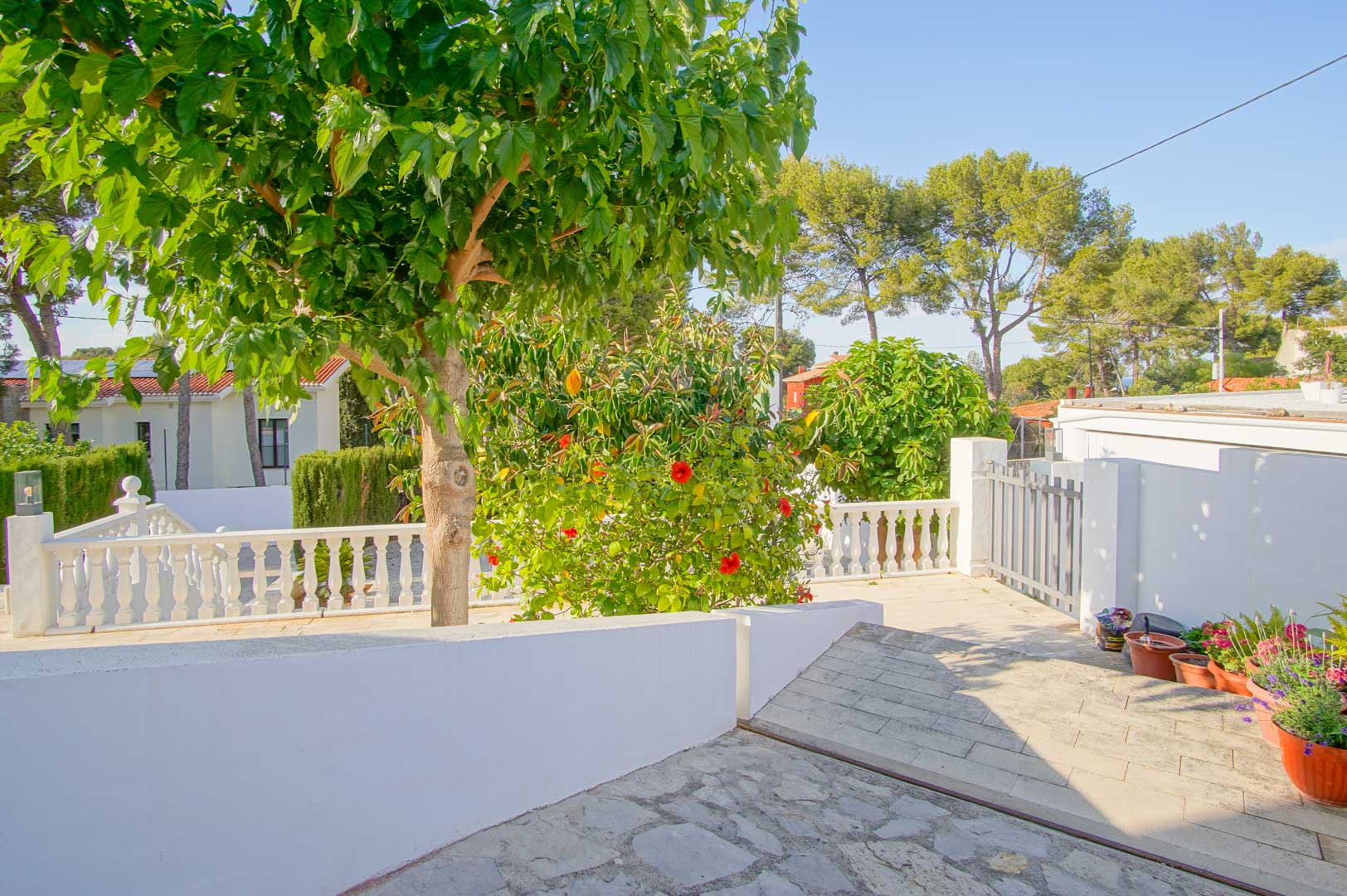 Terraza exterior con balaustrada blanca, pavimentada en piedra y rodeada de vegetación mediterránea, incluyendo un hibisco en flor y árboles frondosos.