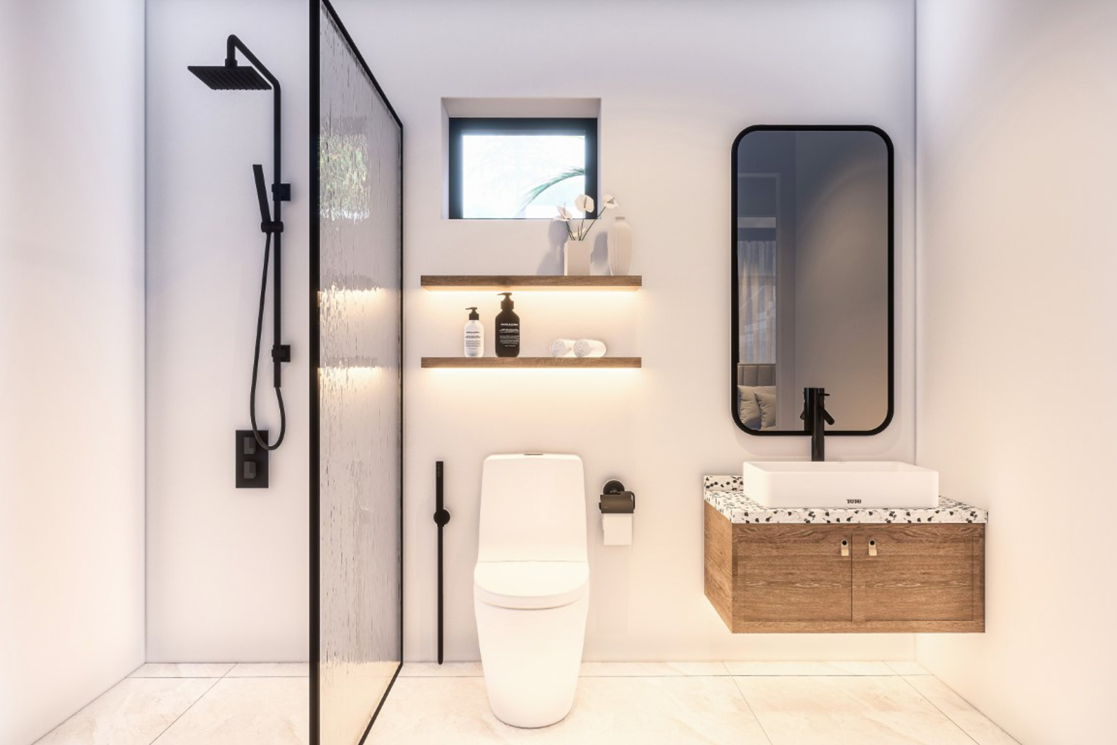 Baño moderno con ducha italiana, grifería negra mate, lavabo sobre mueble de madera suspendido y estantes retroiluminados.