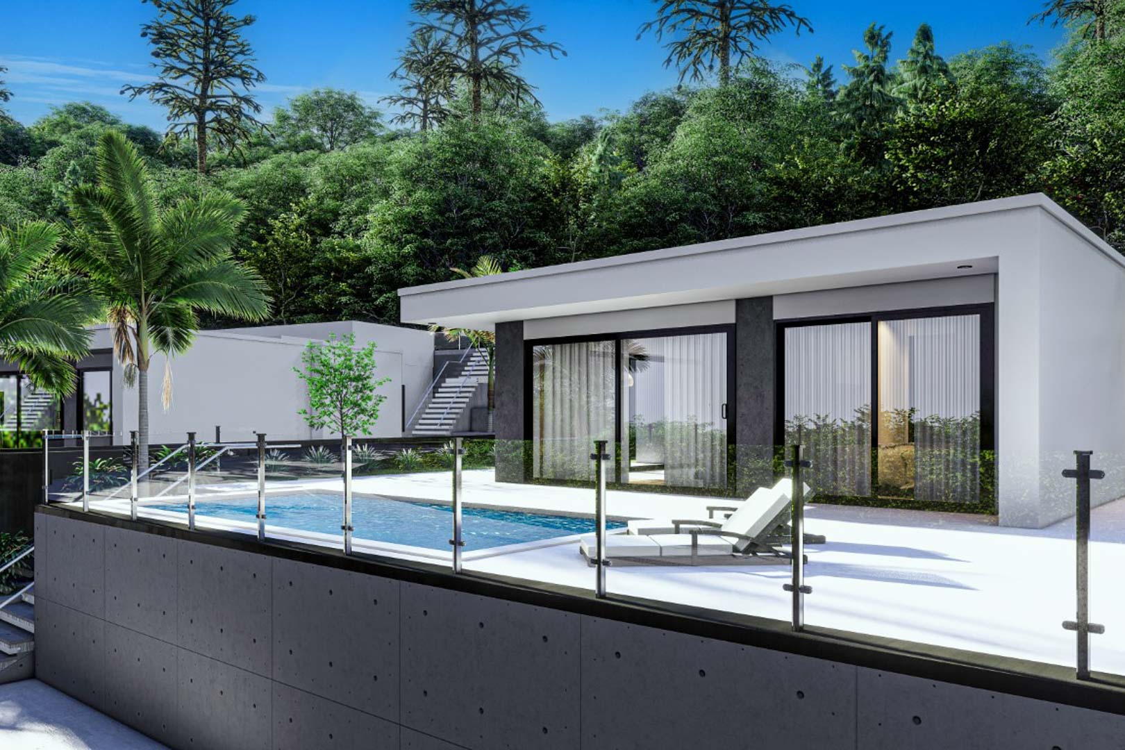 Fachada moderna con grandes ventanales, terraza blanca y piscina privada protegida por barandillas de cristal, rodeada de un entorno boscoso natural en Monte Solana.