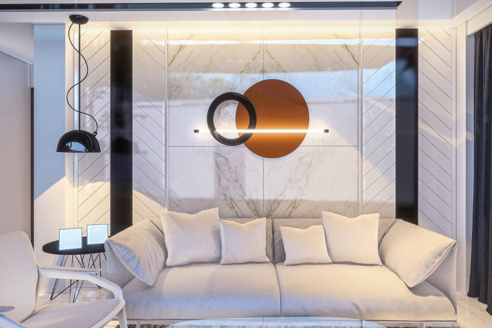 Salón con sofá en tonos neutros y pared decorativa de mármol con paneles geométricos. Destaca el aplique de diseño circular y la iluminación ambiental integrada.