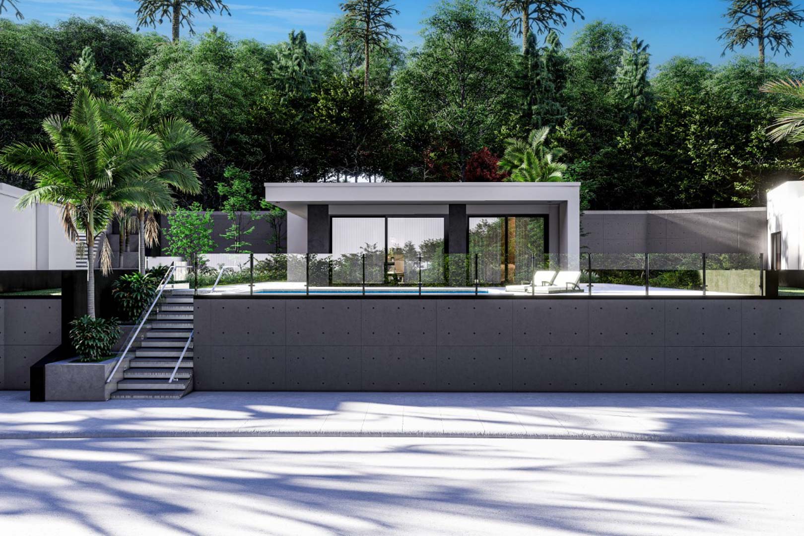 Vista exterior de la villa moderna con fachada blanca y gris, destacando la piscina elevada protegida por barandillas de cristal y el muro de hormigón visto.