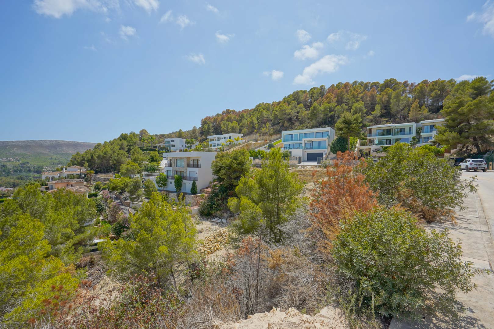 Perspectiva de la urbanización en ladera que muestra villas modernas, vegetación autóctona y la infraestructura de acceso vial en un entorno elevado con vistas despejadas.