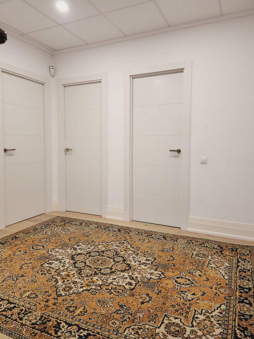 Distribuidor con tres puertas blancas de diseño moderno y líneas horizontales, complementado por una alfombra de estilo oriental y suelos de madera clara.