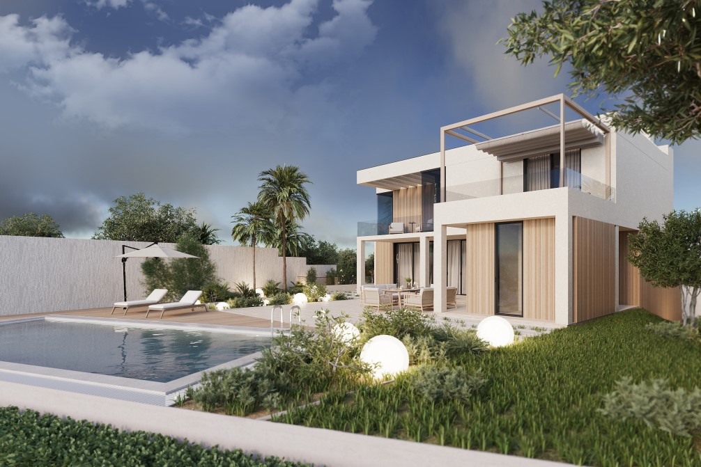 Vista exterior de la villa: piscina con tumbonas, jardín iluminado y fachada con revestimiento de madera.