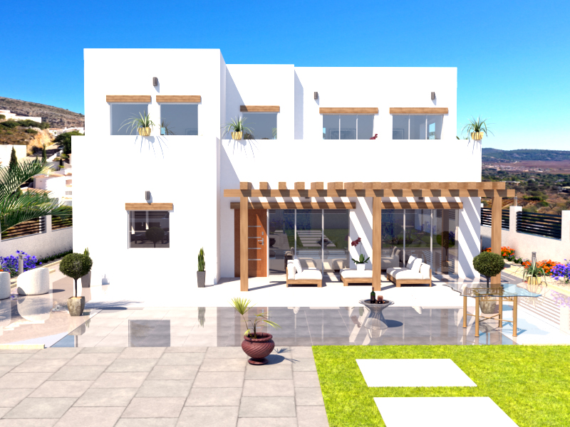 Render exterior de una villa moderna de dos plantas con fachada blanca, pérgola de madera, amplia terraza pavimentada y vistas despejadas al valle de Alcalalí.