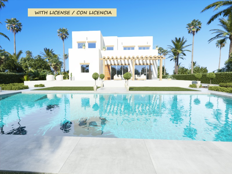 Villa moderna de dos plantas con fachada blanca, gran piscina turquesa y terraza con pérgola de madera rodeada de un jardín mediterráneo con palmeras.
