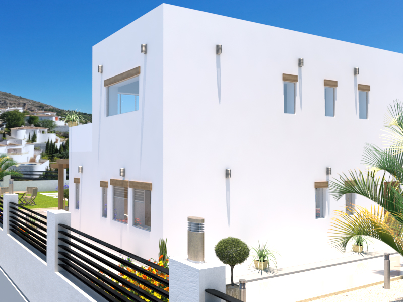 Vista exterior de una villa moderna de arquitectura cúbica blanca con ventanas rectangulares, detalles en madera y vallado perimetral de lamas negras.