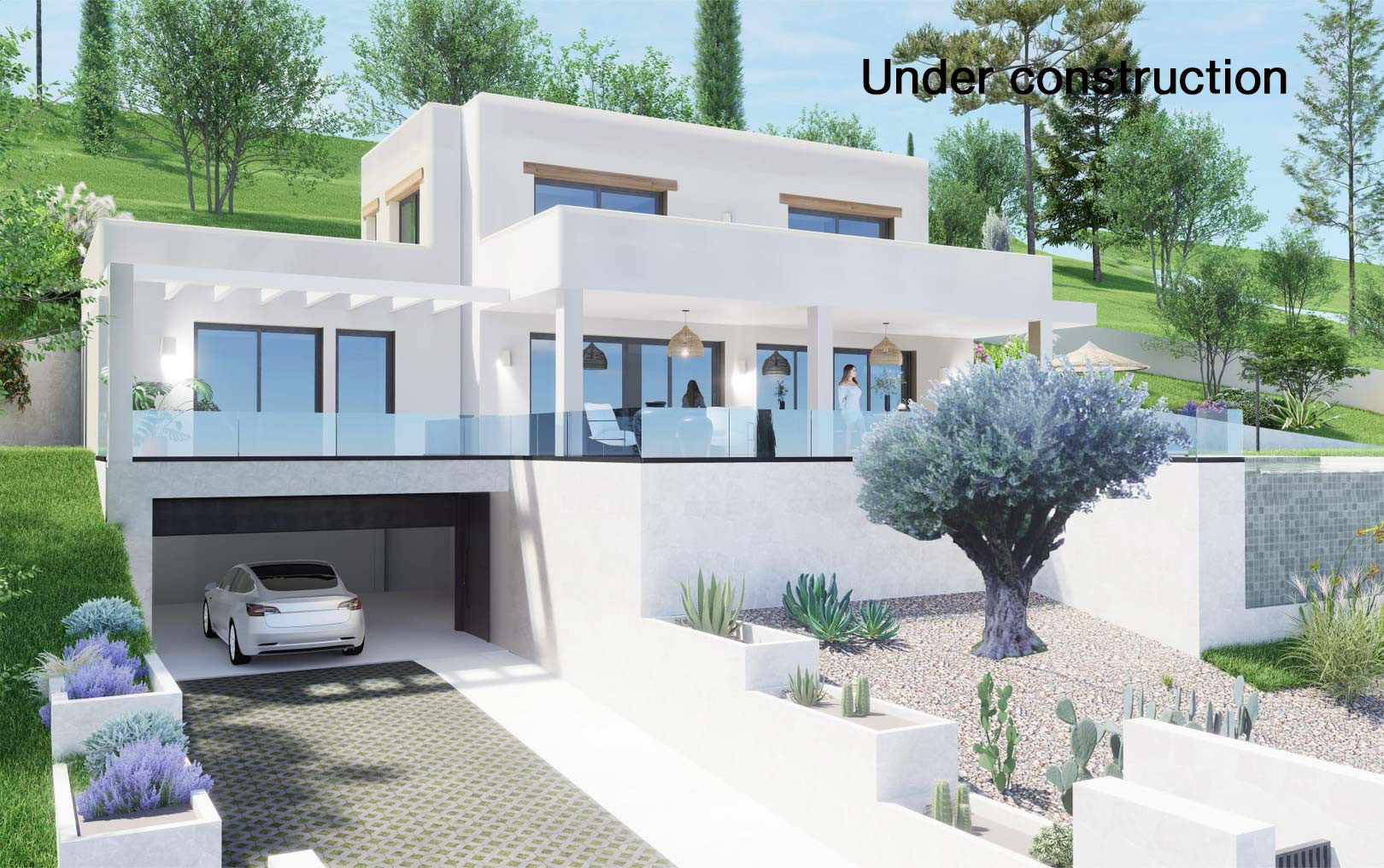 Vista exterior de la villa moderna con fachada blanca, amplias terrazas con barandillas de cristal, jardín mediterráneo y garaje doble integrado en el semisótano.