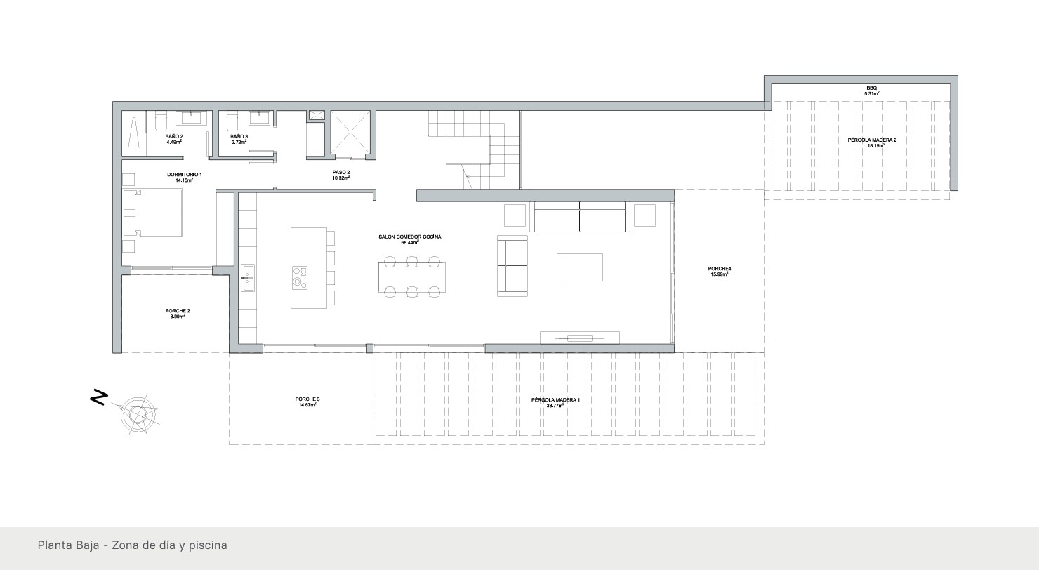 Plano técnico de la planta baja con salón-comedor-cocina de 68m², un dormitorio con baño privado, amplios porches y una zona dedicada a barbacoa.