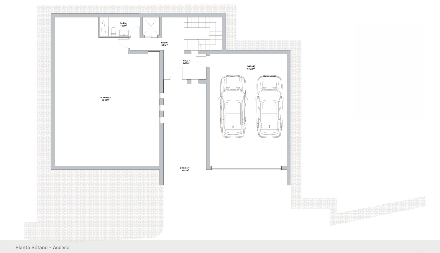 Plano técnico de la planta sótano que muestra un garaje para dos vehículos, un amplio gimnasio de 85 m², baño, porche de entrada y acceso por escalera o ascensor.