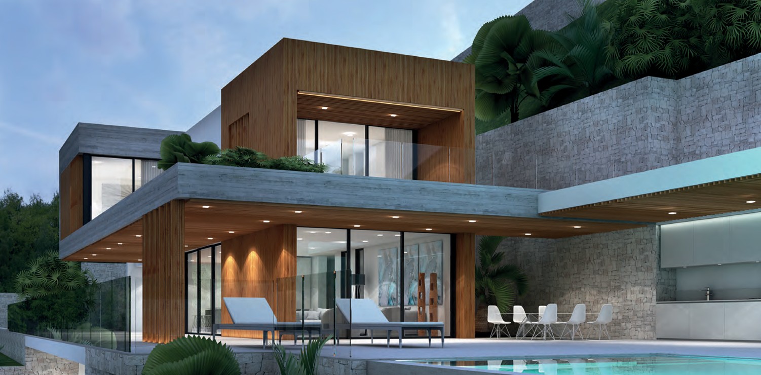 Vista exterior de la villa con acabados en madera y hormigón, amplias terrazas, piscina y zona de comedor exterior bajo un voladizo arquitectónico.