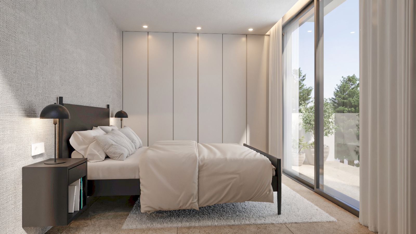 Dormitorio moderno con armarios empotrados de suelo a techo, pared de acento texturizada y amplios ventanales que conectan directamente con la terraza exterior.