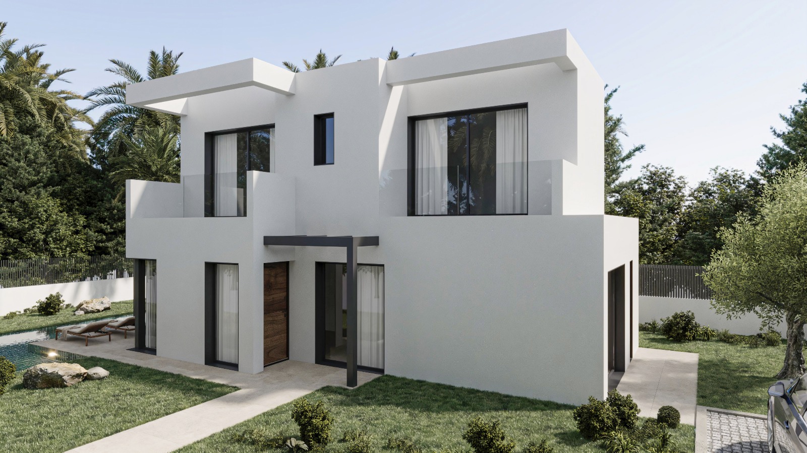 Fachada exterior de villa moderna en dos plantas con acabados en blanco, carpintería oscura, terrazas con barandillas de cristal y zona de piscina rodeada de jardín.