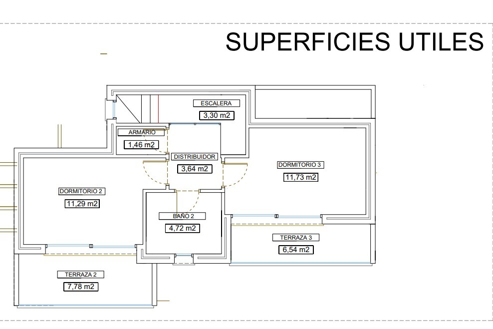 Plano de planta superior que muestra dos dormitorios dobles con acceso a terrazas privadas, un baño compartido y distribución de superficies útiles detalladas.