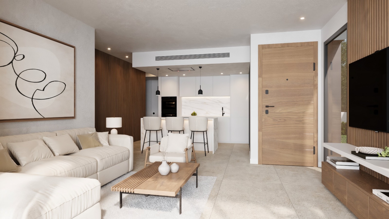 Salón de concepto abierto con cocina integrada, destacando el revestimiento de listones de madera, suelos de gres porcelánico y mobiliario de diseño en tonos neutros.