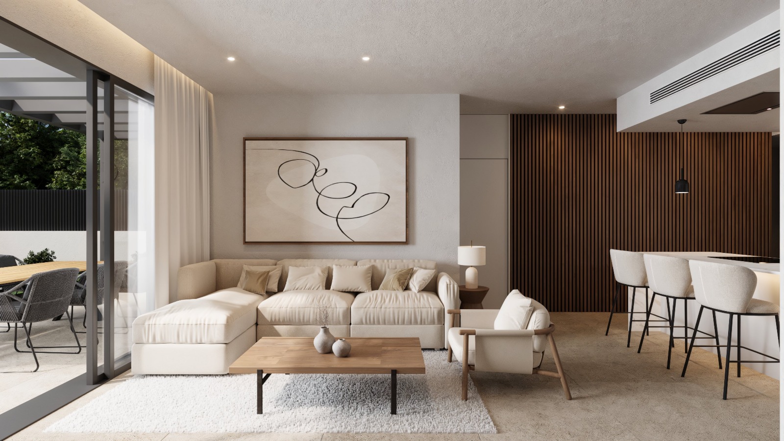 Salón de concepto abierto con sofá modular en tonos crema, pared decorativa de listones de madera y acceso directo a la terraza mediante amplios ventanales correderos.