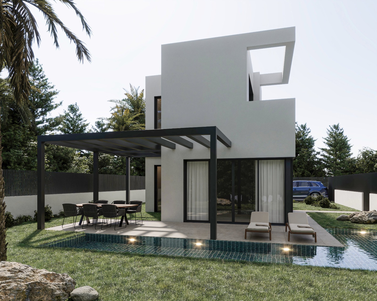 Villa moderna de dos plantas con fachada blanca, pérgola negra sobre zona de comedor exterior y piscina privada con iluminación integrada y gresite turquesa.