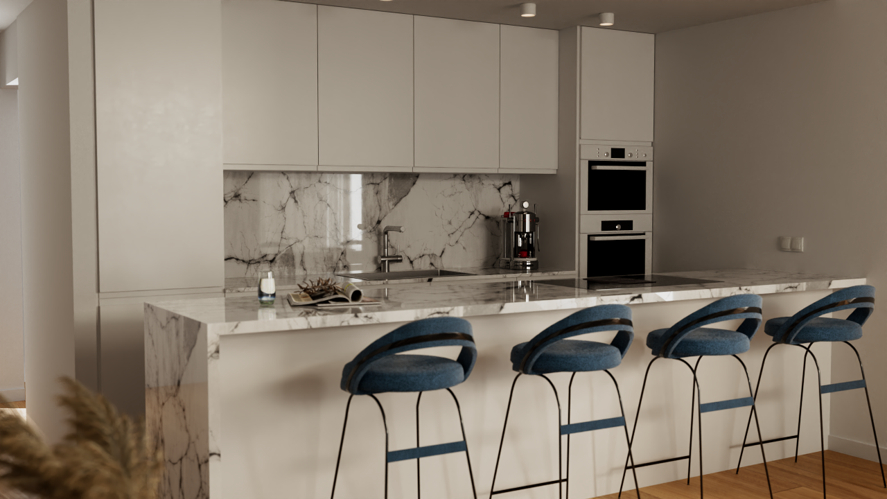 Cocina moderna con isla de mármol, taburetes azules de diseño y electrodomésticos integrados. El salpicadero a juego y la iluminación empotrada resaltan el estilo minimalista.