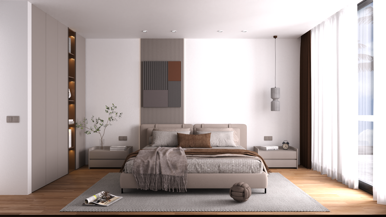 Dormitorio de diseño con suelos de madera, panel decorativo texturizado y armarios empotrados con estanterías iluminadas junto a grandes ventanales.