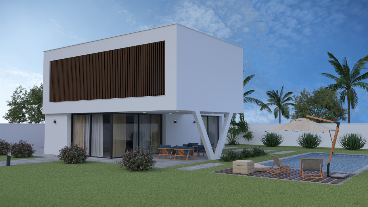 Exterior de villa moderna con fachada blanca, listones de madera y terraza cubierta. Dispone de piscina privada, zona de solárium y jardín con vegetación mediterránea.