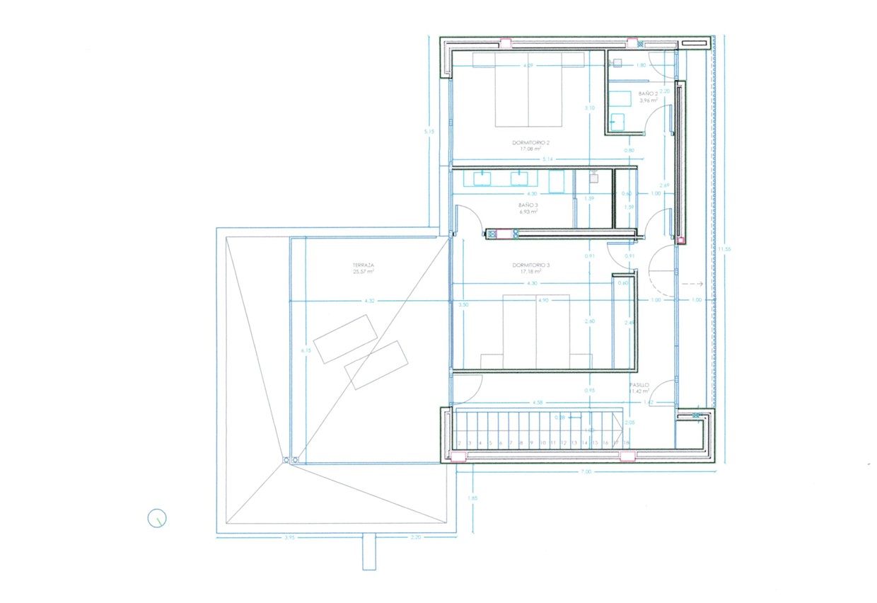 Plano técnico de la planta alta del Modelo C, que muestra dos dormitorios con baños en suite y una amplia terraza de 25,57 m².