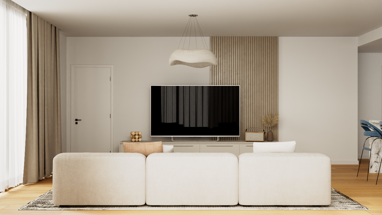 Salón moderno con sofá modular blanco, panel decorativo de listones de madera y suelos de parqué. Incluye iluminación de diseño y acceso visual a la zona de cocina.