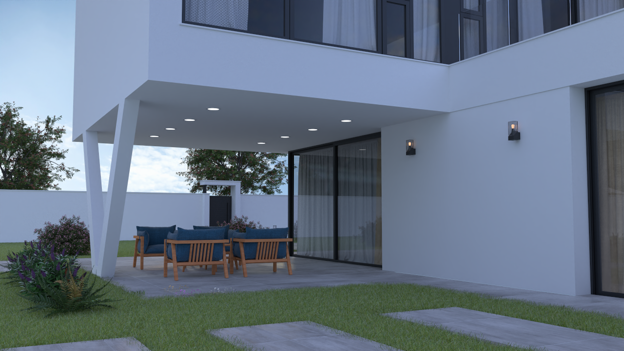 Terraza cubierta bajo el voladizo de la planta superior con iluminación integrada, zona de estar con mobiliario de madera y acceso directo al salón.