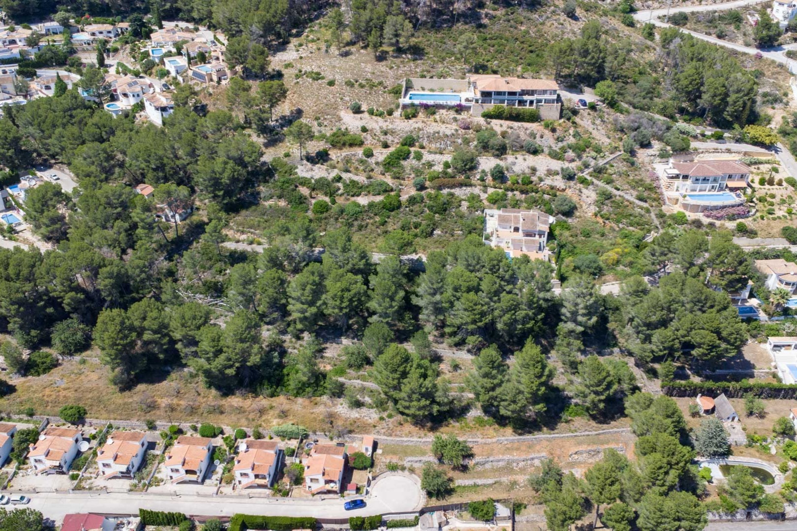 Vista aérea de la ubicación elevada en Alcalalí, mostrando el terreno abancalado rodeado de pinos y la proximidad a viviendas existentes en el valle de Jalón.