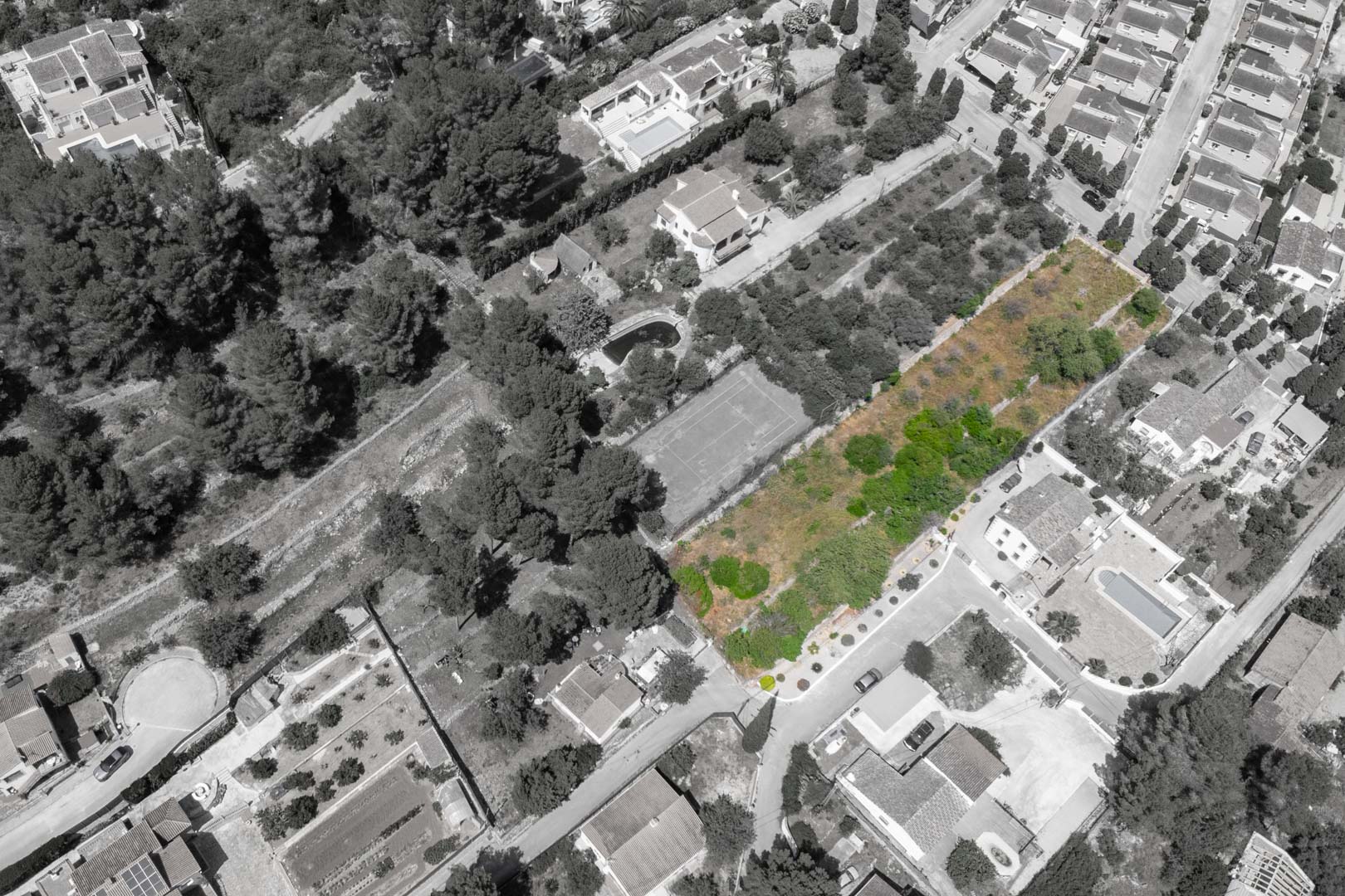 Vista aérea del terreno resaltado en Alcalalí, mostrando su ubicación estratégica entre viviendas unifamiliares consolidadas y rodeado de vegetación mediterránea.