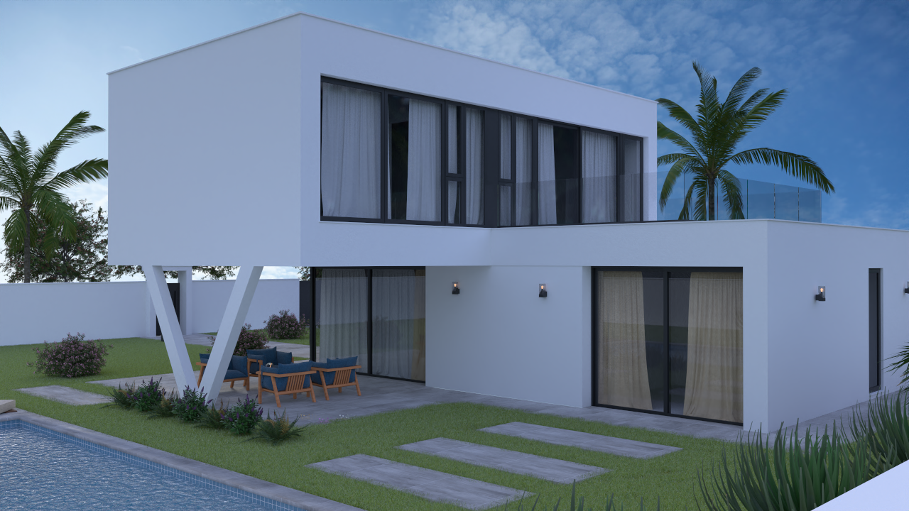 Vista exterior de la villa Modelo C con fachada blanca, planta superior en voladizo sobre pilar en V, terraza con mobiliario azul junto a la piscina y amplios ventanales.