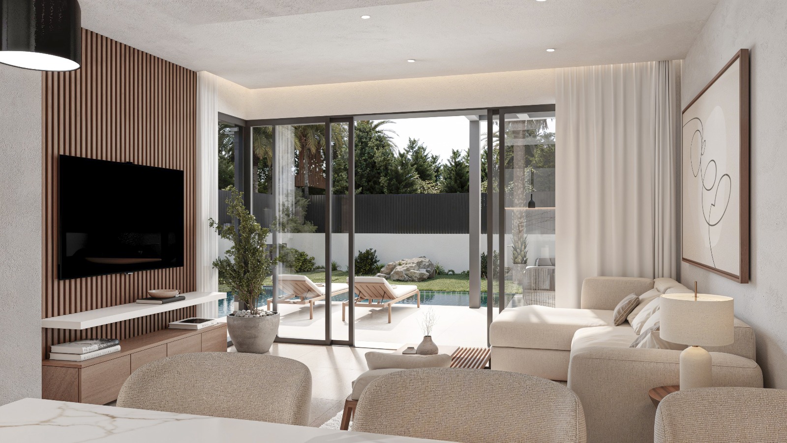 Salón moderno con panelado de madera vertical, amplios ventanales correderos hacia la terraza con piscina y mobiliario de diseño en tonos neutros.