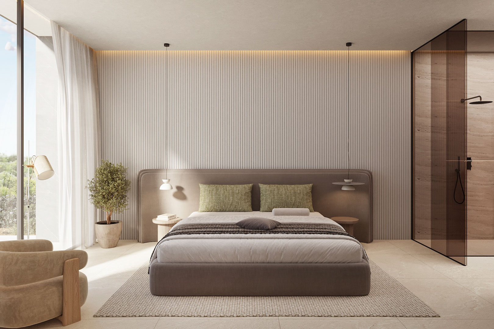 Dormitorio principal con panelado de listones verticales, iluminación LED indirecta y baño integrado con ducha tras mampara de cristal ahumado.