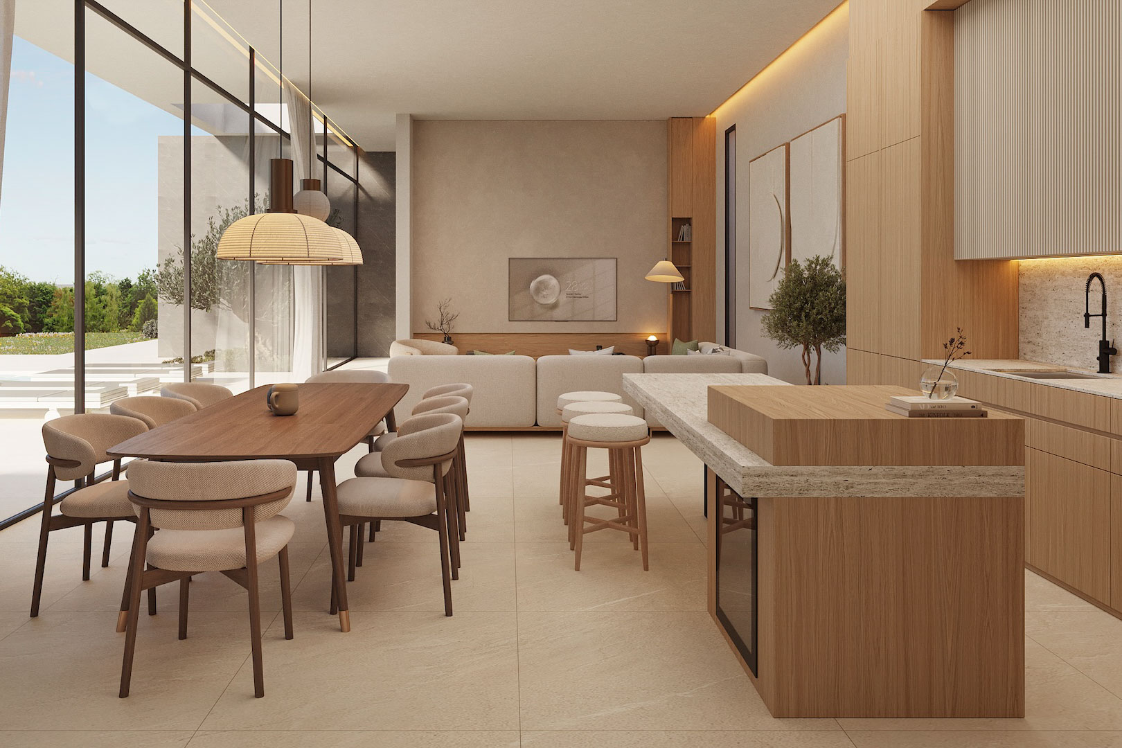 Salón-comedor de concepto abierto con cocina integrada, isla de piedra natural, mobiliario de madera y grandes ventanales con acceso directo al jardín mediterráneo.