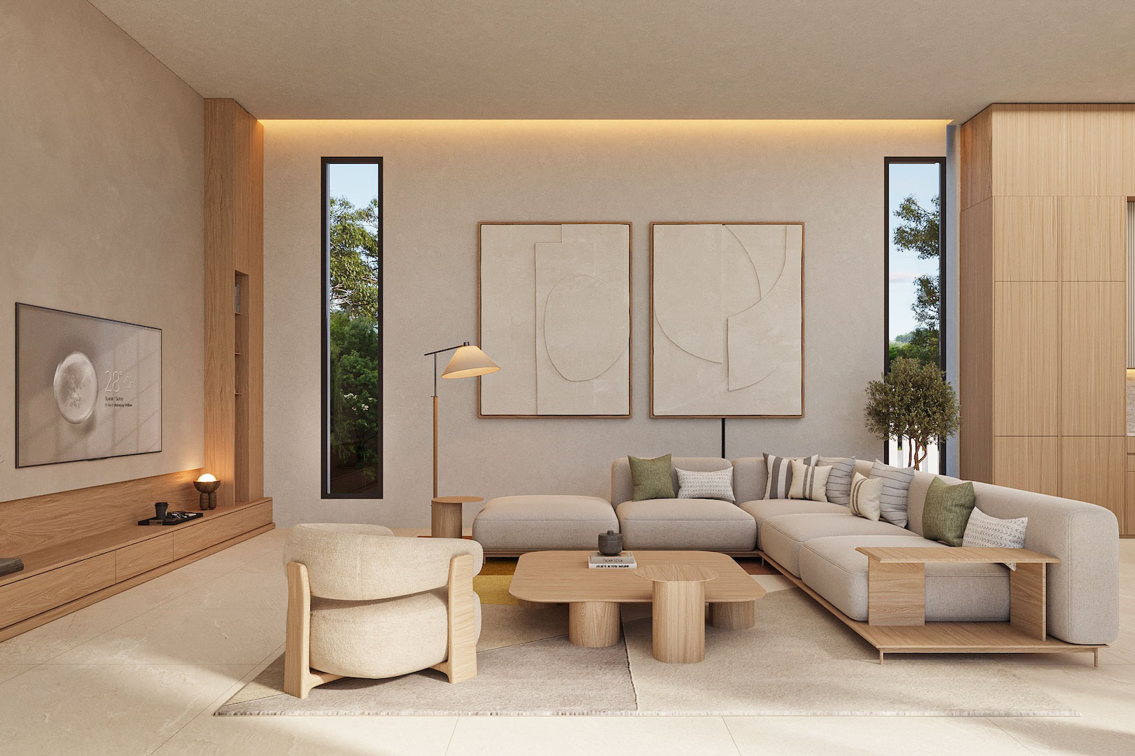 Salón de diseño minimalista con mobiliario en tonos neutros, panelado de madera natural y ventanales verticales. Destacan las obras de arte en relieve y la iluminación indirecta perimetral.
