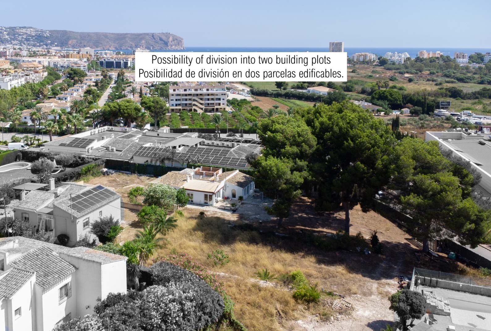 Vista aérea de la parcela de 2.600 m² con villa existente, destacando su arboleda de pinos y la cercanía al mar Mediterráneo en Jávea.