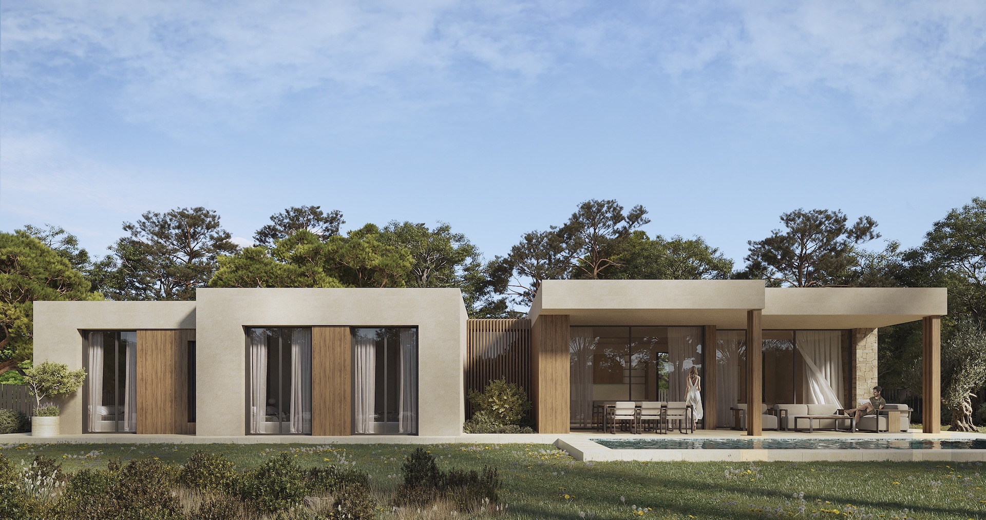 Fachada moderna de una planta con revestimientos de madera y piedra natural, integrando una amplia terraza cubierta frente a la piscina privada y el jardín.