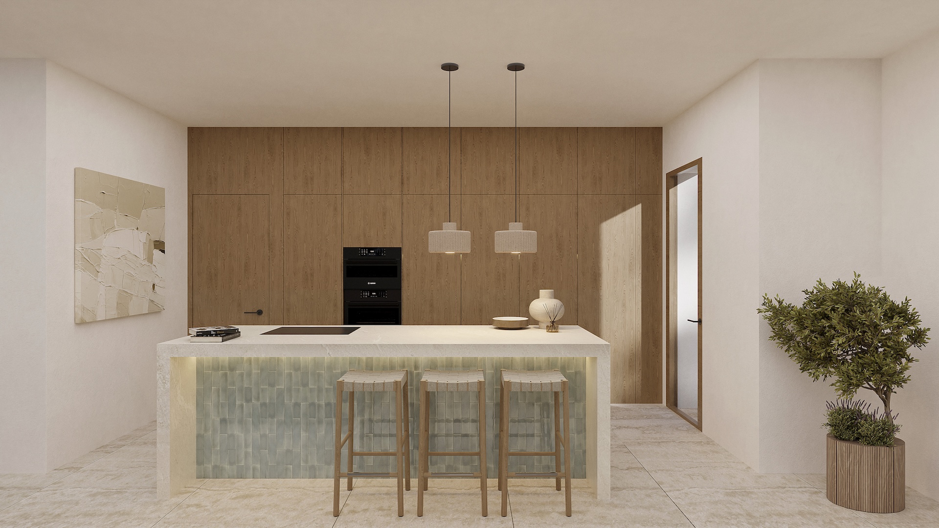 Cocina de diseño con isla central revestida en azulejos, encimera de piedra blanca y taburetes de madera. El fondo presenta panelado de madera natural con electrodomésticos integrados.