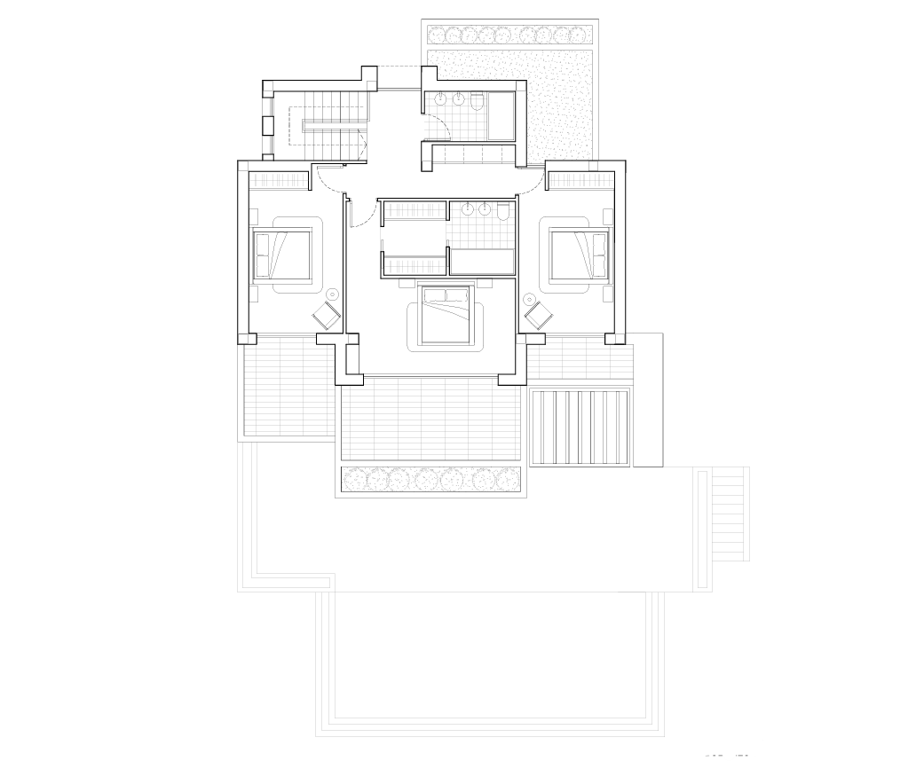 Plano técnico detallado de la planta superior que ilustra la distribución de tres dormitorios, dos baños y las terrazas privadas con vistas al mar.