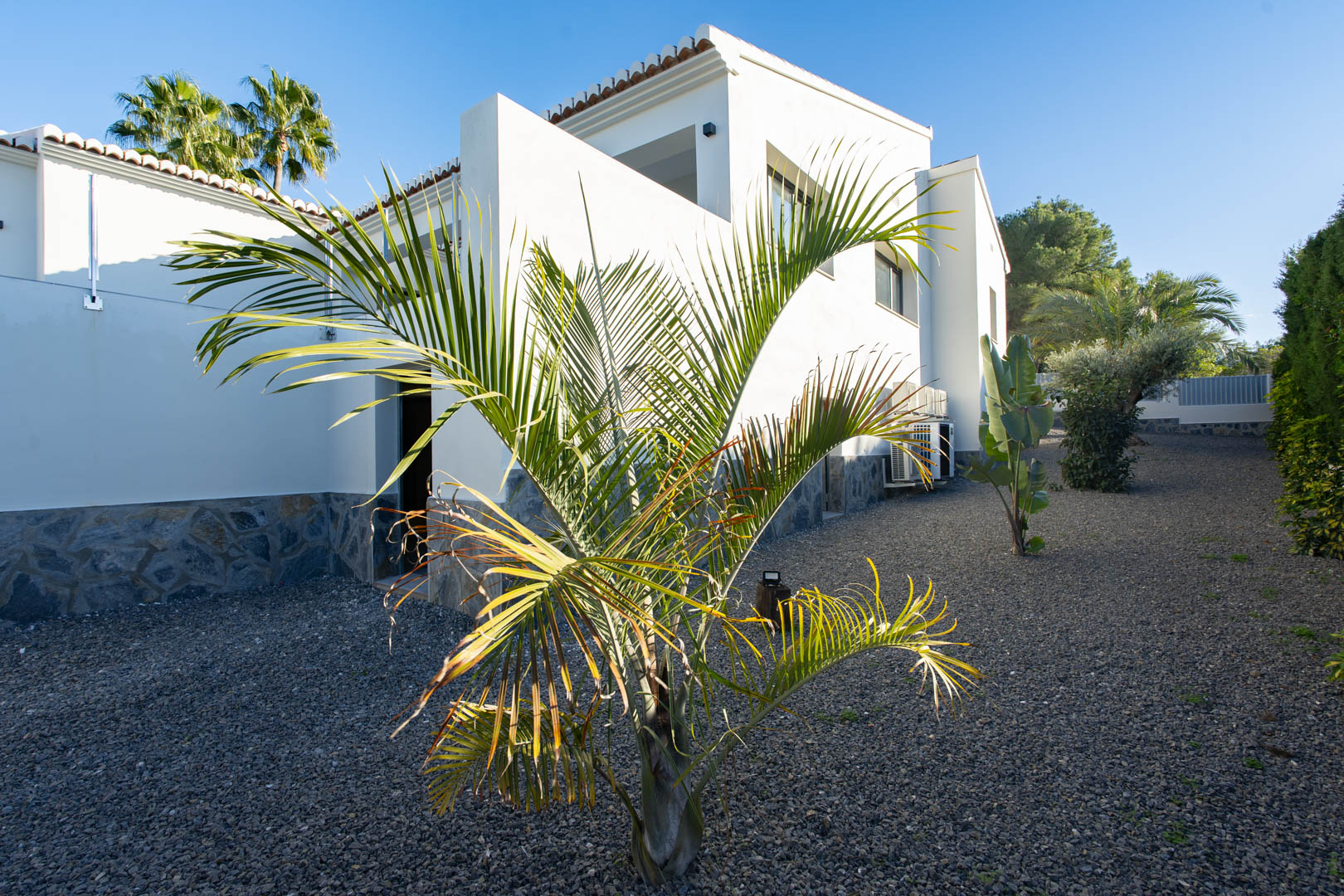 Vista exterior de la villa con jardinería de grava, base de piedra y palmera joven.