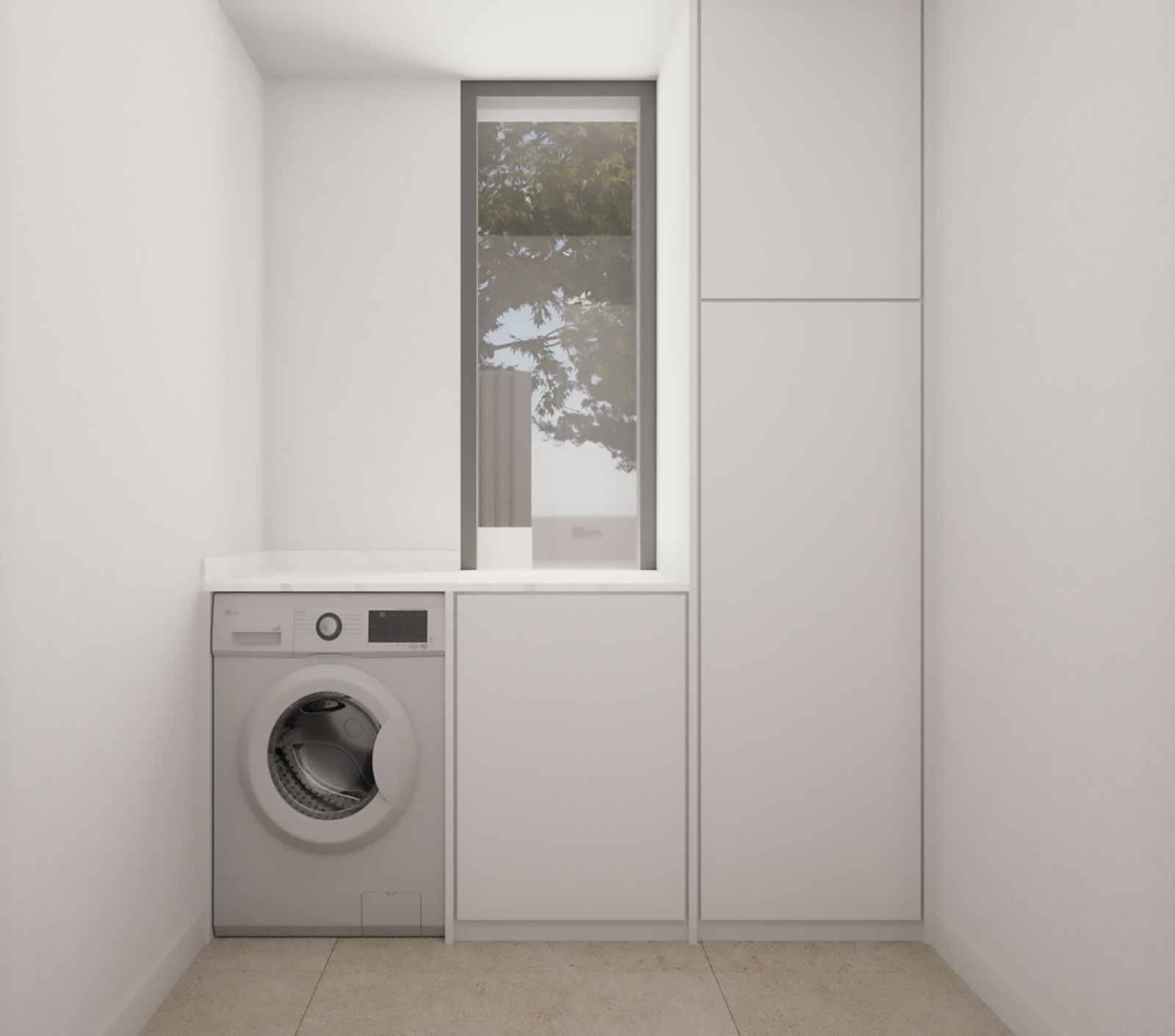 Cuarto de lavado funcional con armarios minimalistas blancos, lavadora integrada y una ventana vertical que aporta luz natural y vistas al exterior.