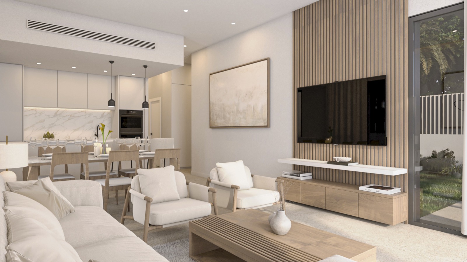 Salón-comedor diáfano con panel de listones de madera para TV, cocina integrada con acabados en mármol y grandes ventanales con acceso directo al jardín.