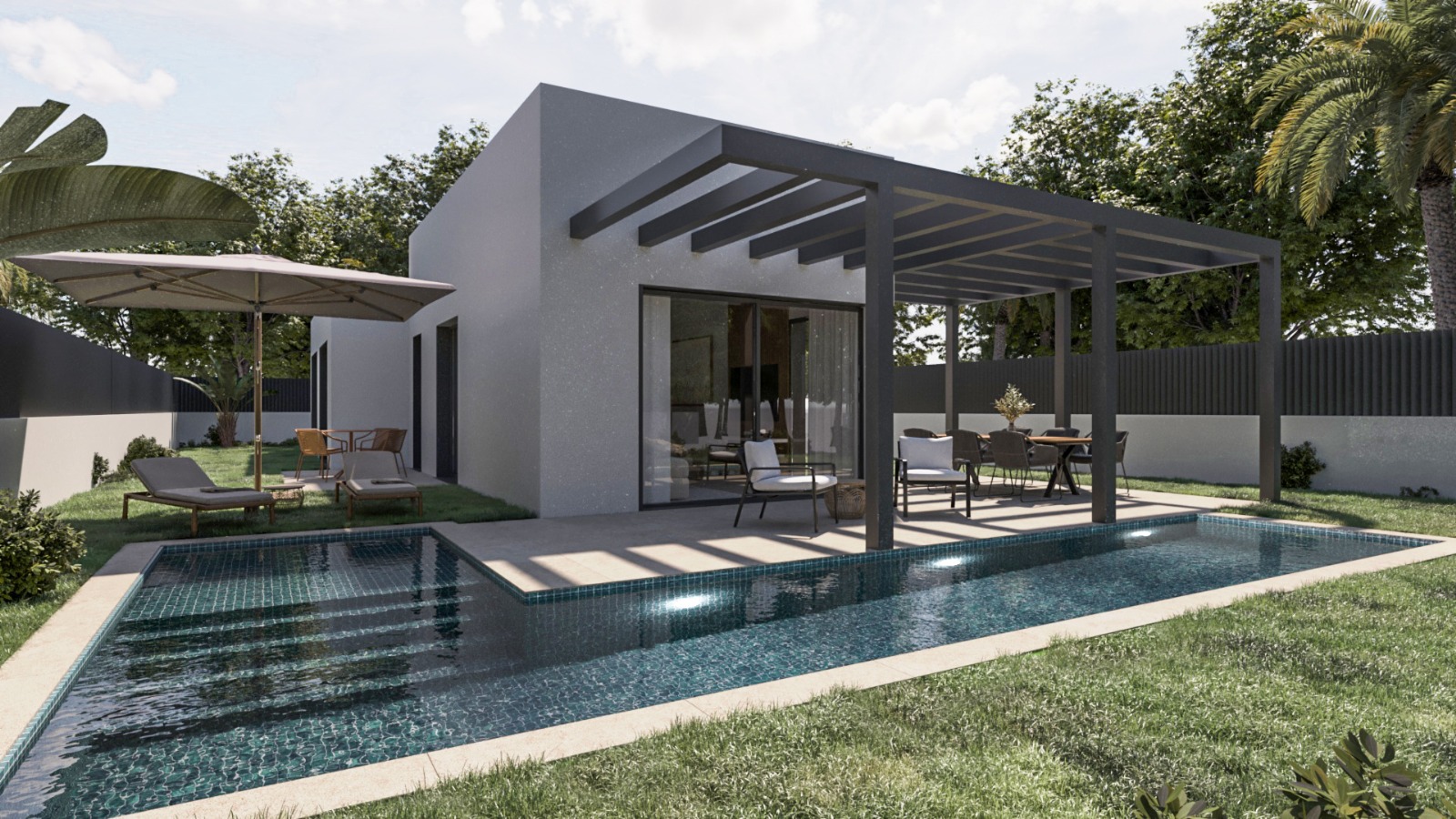 Vista exterior con piscina en forma de L, pérgola metálica oscura para comedor al aire libre y arquitectura minimalista de hormigón gris rodeada de jardín.