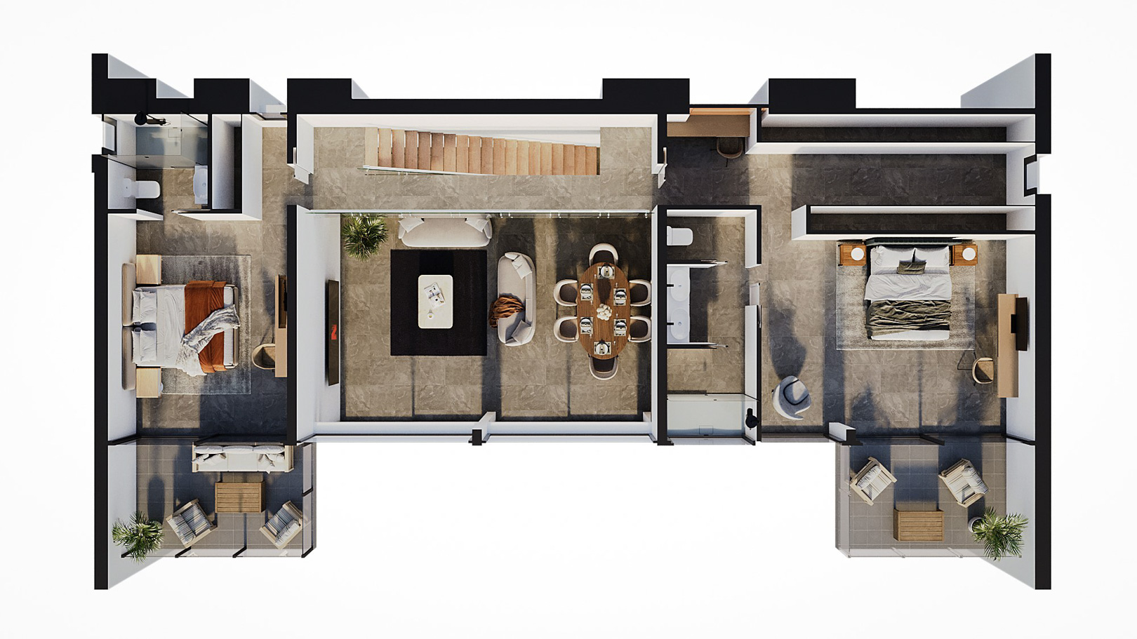Plano 3D de la planta superior con dos dormitorios en suite, vestidor, terrazas privadas y una zona de estar central con suelos de gres porcelánico de gran formato.