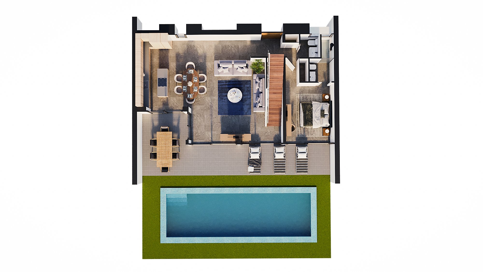 Plano 3D de la planta baja que integra el salón-comedor, cocina con isla, un dormitorio en suite, aseo de cortesía y zona exterior con terraza y piscina.