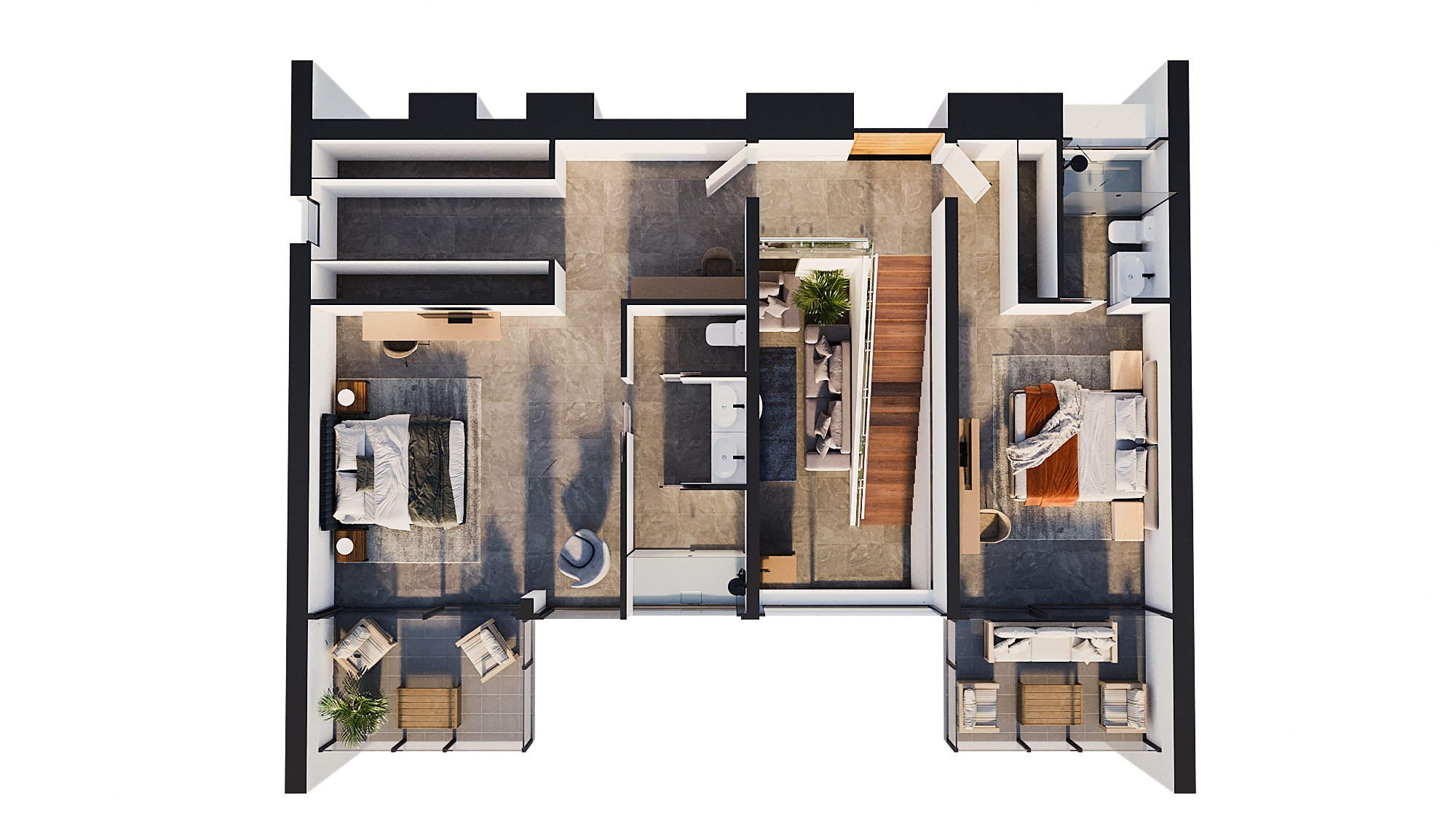 Plano 3D de la planta superior que muestra dos dormitorios con baños en suite, un gran vestidor, escaleras de madera y terrazas privadas con suelos de gres porcelánico.