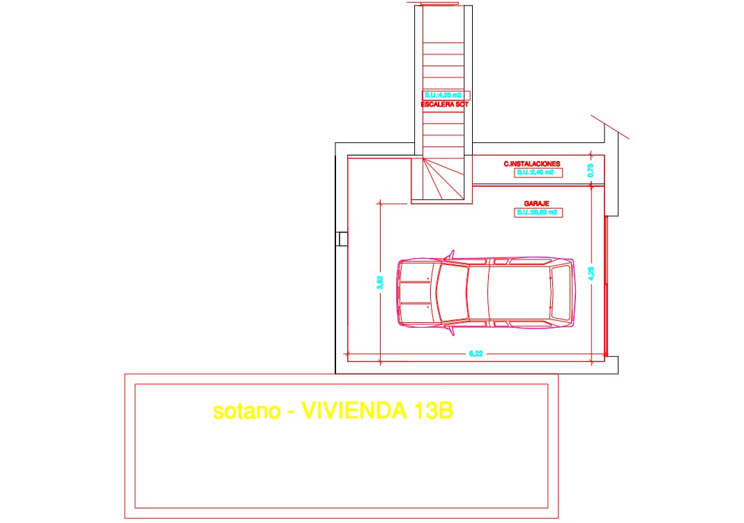 Plano técnico del sótano que muestra un garaje de 26,83 m², cuarto de instalaciones y escalera de acceso directo a la planta principal.