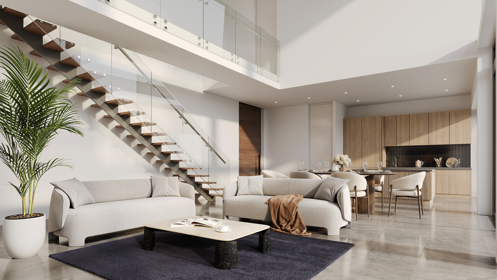 Salón de doble altura con escalera flotante de madera y cristal, zona de comedor integrada y cocina de diseño con acabados en madera natural.