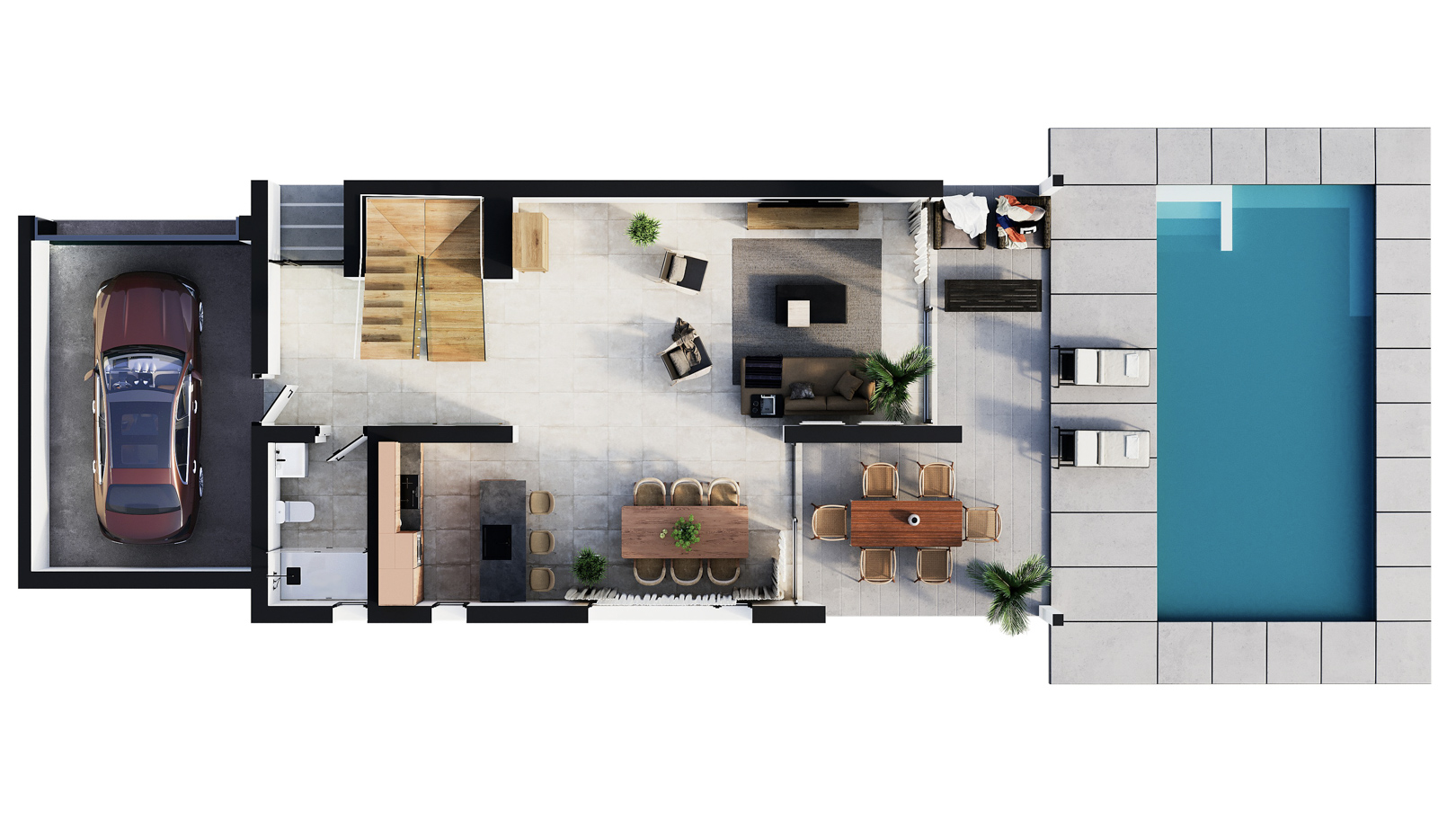 Plano 3D de la planta baja que integra salón-comedor, cocina con isla, garaje y una amplia zona exterior con terraza, comedor de verano y piscina.