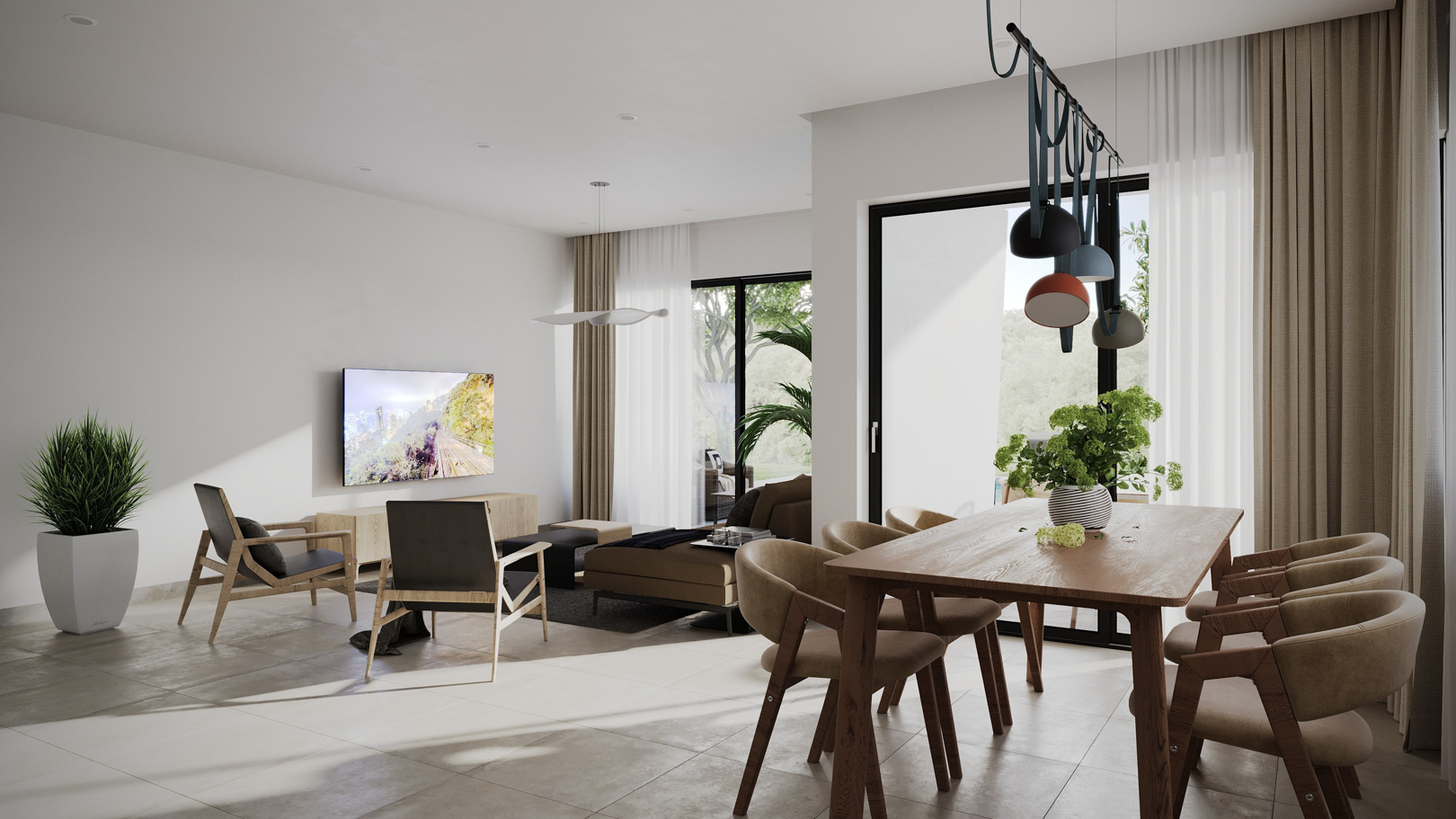 Salón-comedor de concepto abierto con suelos porcelánicos, mesa de madera y grandes ventanales que integran el exterior. Dispone de iluminación moderna y acceso directo a la terraza.